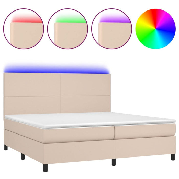 Pat cu arcuri, cu saltea și LED cappuccino 200x200 cm piele eco WALTI