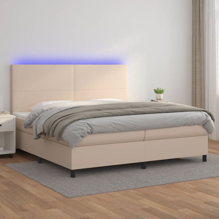 Pat cu arcuri, cu saltea și LED cappuccino 200x200 cm piele eco WALTI