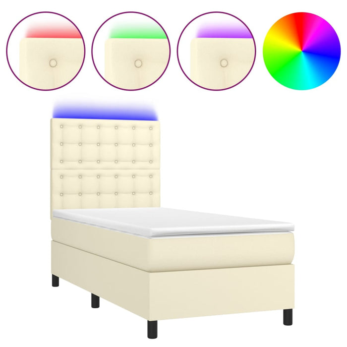 Pat cu arcuri, saltea și LED, crem, 90x190 cm, piele ecologică - WALTI WALTI