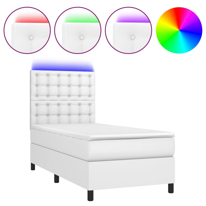 Pat cu arcuri, cu saltea și LED, alb, 90x200 cm, piele eco WALTI
