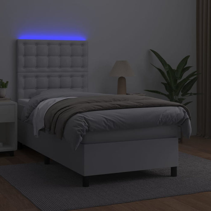 Pat cu arcuri, cu saltea și LED, alb, 90x200 cm, piele eco WALTI