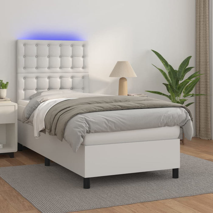 Pat cu arcuri, cu saltea și LED, alb, 90x200 cm, piele eco WALTI