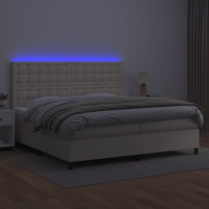 Pat cu arcuri, saltea și LED, crem, 200x200 cm, piele ecologică WALTI