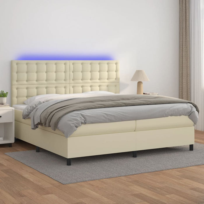 Pat cu arcuri, saltea și LED, crem, 200x200 cm, piele ecologică WALTI