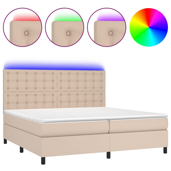Pat cu arcuri, cu saltea și LED cappuccino 200x200 cm piele eco WALTI