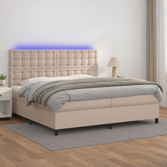 Pat cu arcuri, cu saltea și LED cappuccino 200x200 cm piele eco WALTI