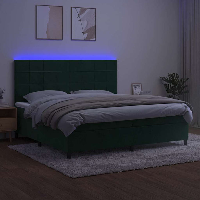 Pat cu arcuri, saltea și LED, verde închis, 200x200 cm, catifea - WALTI WALTI