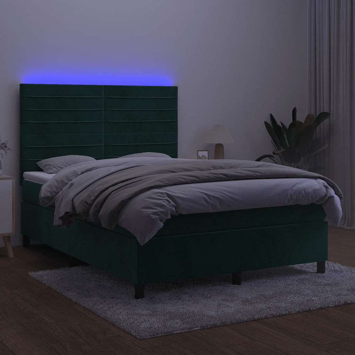Pat cu arcuri, saltea și LED, verde închis, 140x190 cm, catifea - WALTI WALTI
