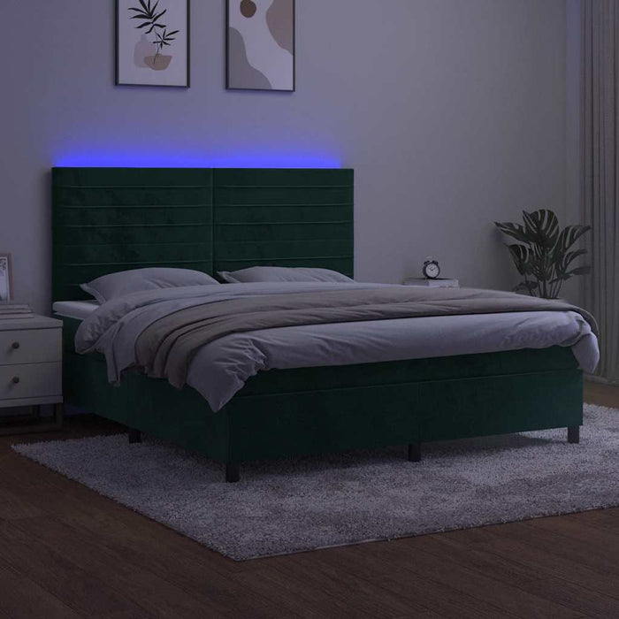 Pat cu arcuri, saltea și LED, verde închis, 160x200 cm, catifea - WALTI WALTI
