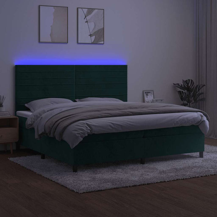 Pat cu arcuri, saltea și LED, verde închis, 200x200 cm, catifea - WALTI WALTI