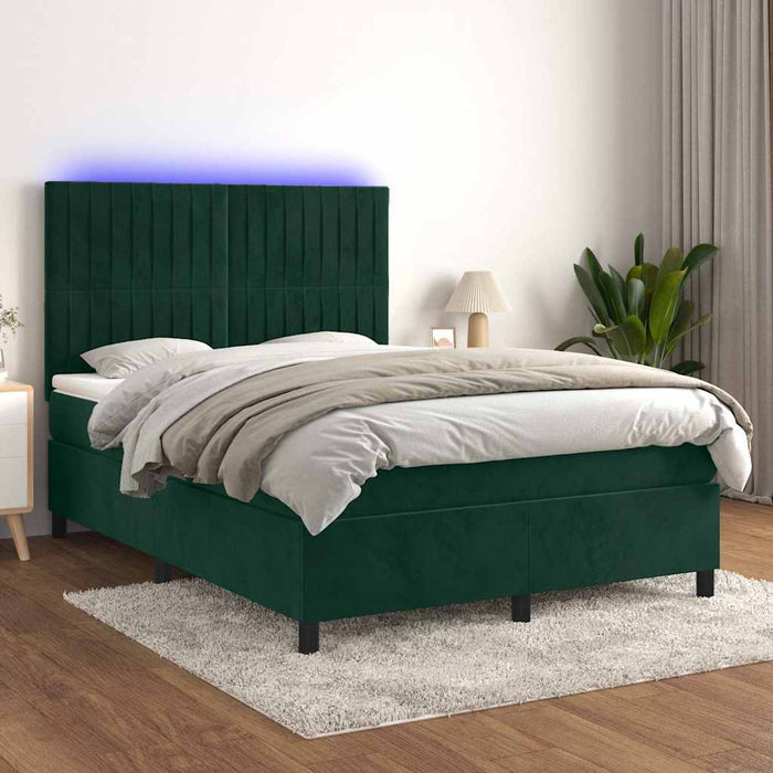 Pat cu arcuri, saltea și LED, verde închis, 140x200 cm, catifea WALTI