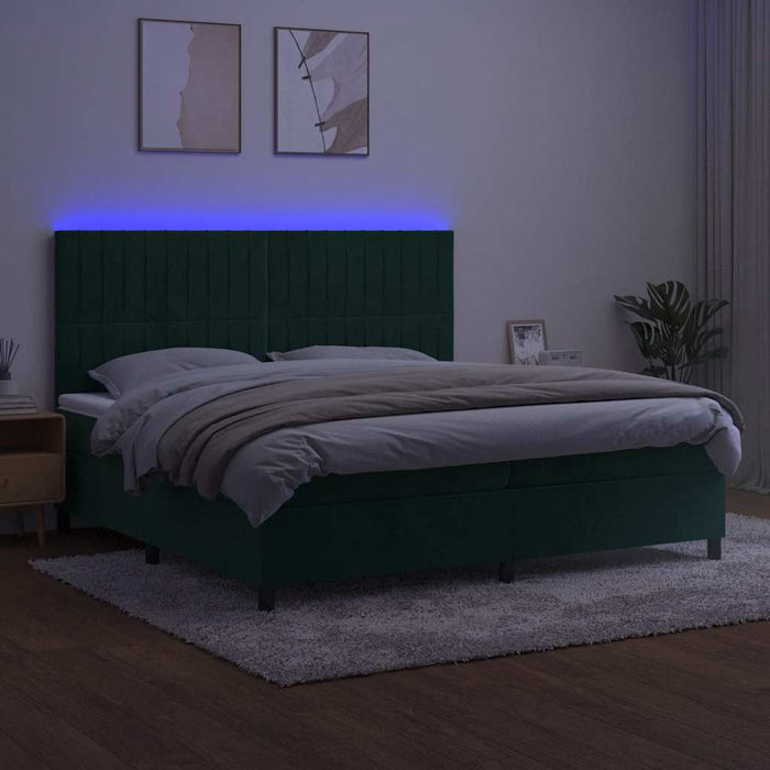 Pat cu arcuri, saltea și LED, verde închis, 200x200 cm, catifea - WALTI WALTI