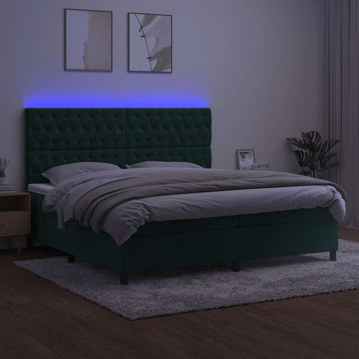 Pat cu arcuri, saltea și LED, verde închis, 200x200 cm, catifea - WALTI WALTI