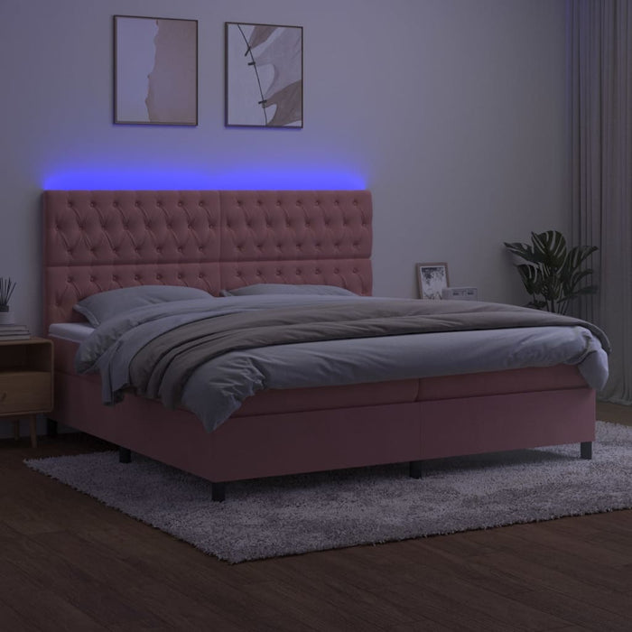 Pat continental cu saltea & LED, roz, 200x200 cm, catifea - WALTI WALTI