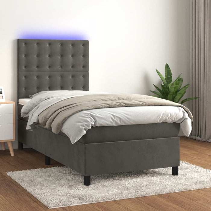 Pat cu arcuri, saltea și LED, gri închis, 90x200 cm, catifea - WALTI WALTI