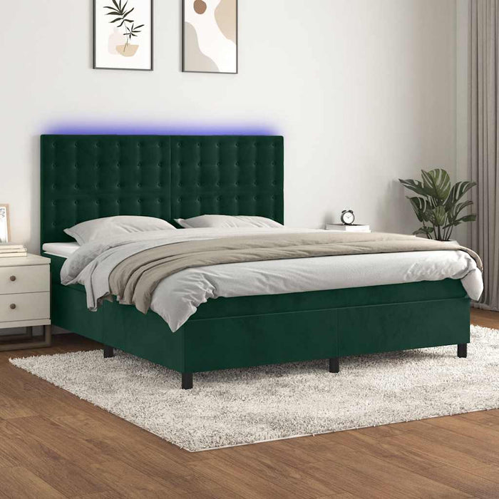 Pat cu arcuri, saltea și LED, verde închis, 160x200 cm, catifea - WALTI WALTI
