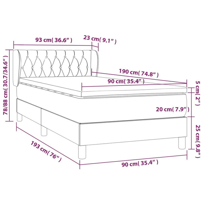 Pat box spring cu saltea, negru, 90x190 cm, catifea - WALTI WALTI