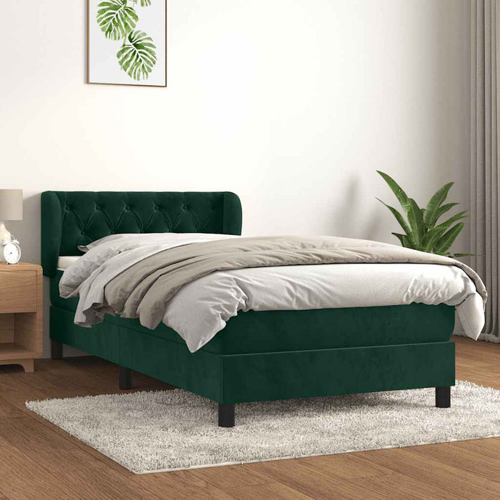 Pat box spring cu saltea, verde închis, 90x190 cm, catifea WALTI