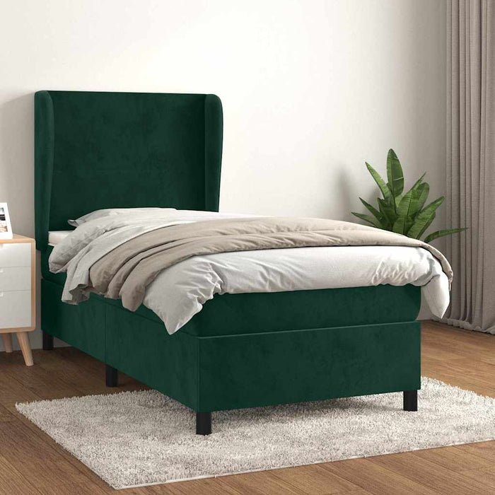 Pat box spring cu saltea, verde închis, 90x200 cm, catifea WALTI