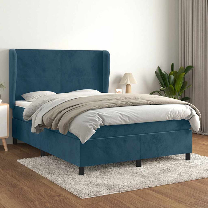 Pat box spring cu saltea, albastru închis, 140x190 cm, catifea WALTI