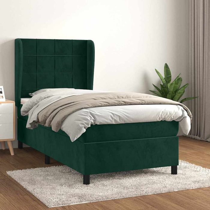 Pat box spring cu saltea, verde închis, 80x200 cm, catifea WALTI