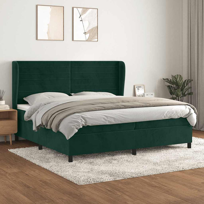 Pat box spring cu saltea, verde închis, 200x200 cm, catifea WALTI
