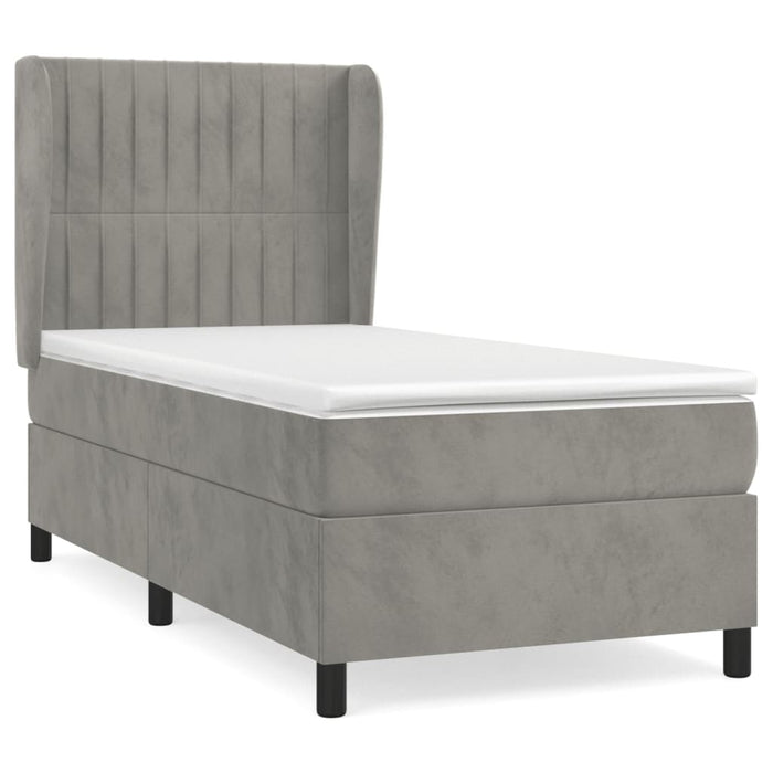 Pat box spring cu saltea, gri deschis, 90x200 cm, catifea WALTI