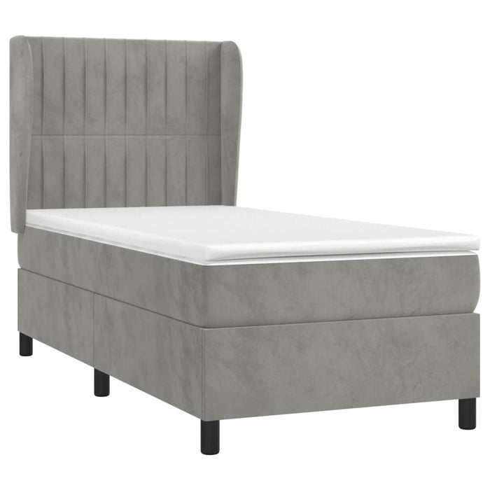 Pat box spring cu saltea, gri deschis, 90x200 cm, catifea WALTI
