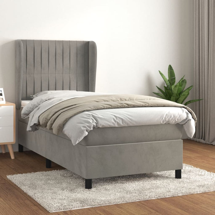 Pat box spring cu saltea, gri deschis, 90x200 cm, catifea WALTI