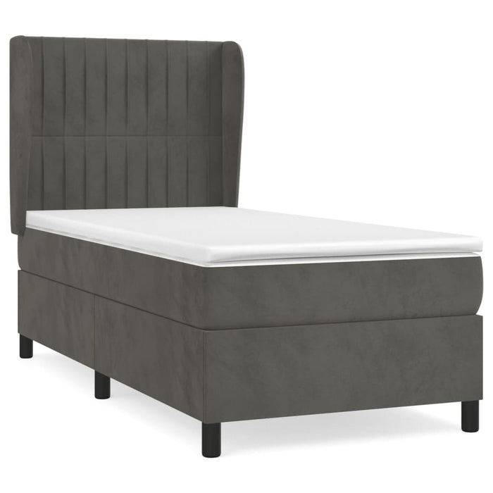 Pat box spring cu saltea, gri închis, 90x200 cm, catifea WALTI