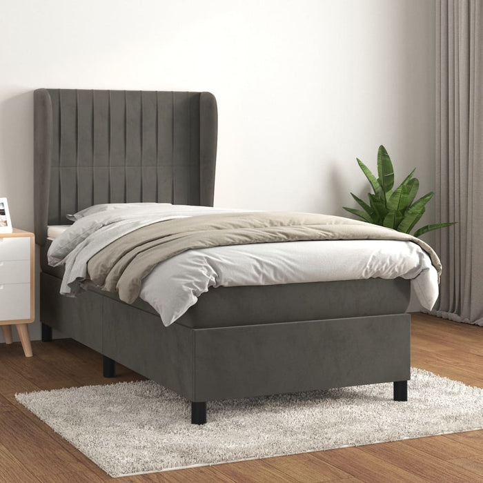 Pat box spring cu saltea, gri închis, 90x200 cm, catifea WALTI