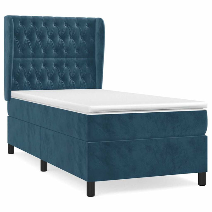 Pat box spring cu saltea, albastru închis, 90x190 cm, catifea WALTI