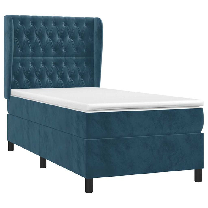 Pat box spring cu saltea, albastru închis, 90x190 cm, catifea WALTI