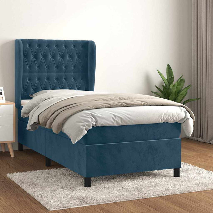 Pat box spring cu saltea, albastru închis, 90x190 cm, catifea WALTI