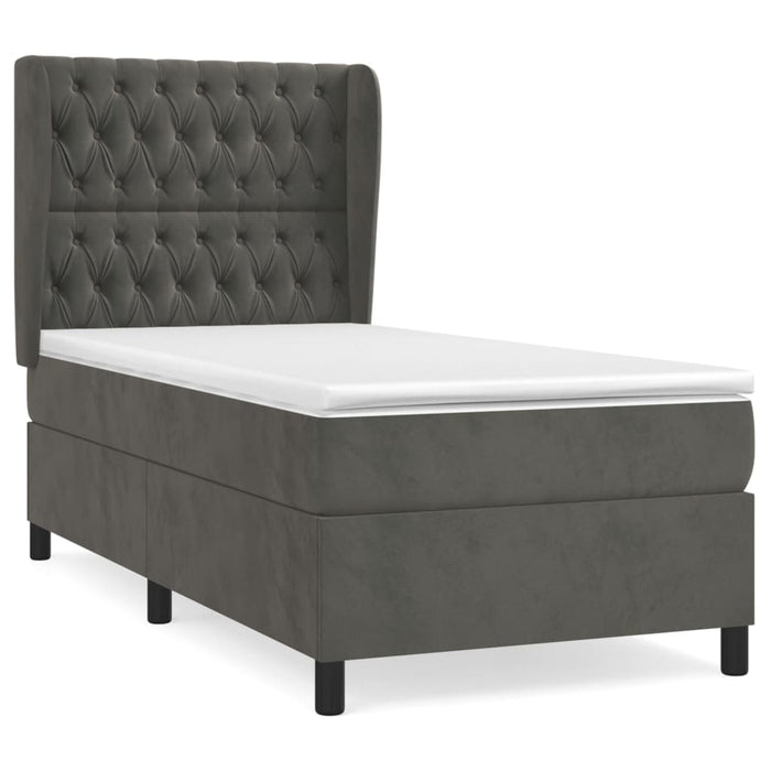 Pat box spring cu saltea, gri închis, 90x200 cm, catifea WALTI