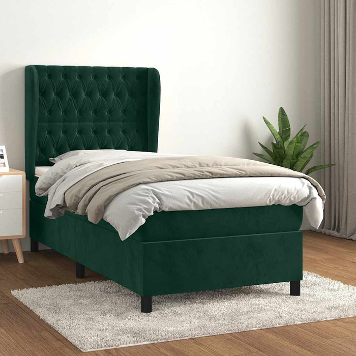 Pat box spring cu saltea, verde închis, 90x200 cm, catifea WALTI