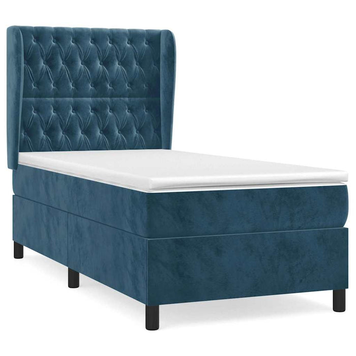 Pat box spring cu saltea, albastru închis, 90x200 cm, catifea WALTI
