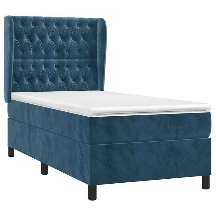 Pat box spring cu saltea, albastru închis, 90x200 cm, catifea WALTI