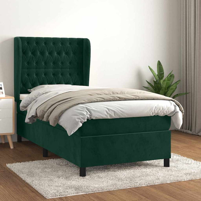 Pat box spring cu saltea, verde închis, 100x200 cm, catifea WALTI