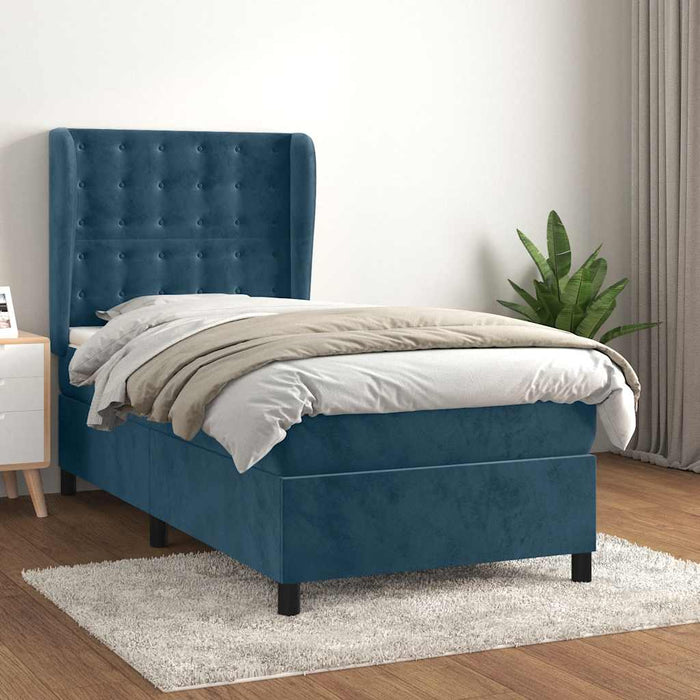 Pat box spring cu saltea, albastru închis, 90x190 cm, catifea WALTI