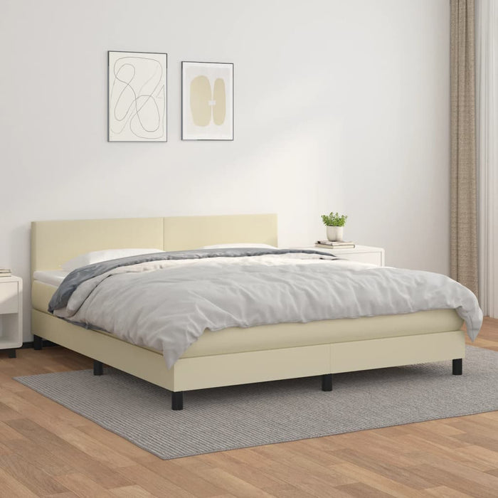 Pat box spring cu saltea, crem, 160x200 cm, piele ecologică WALTI