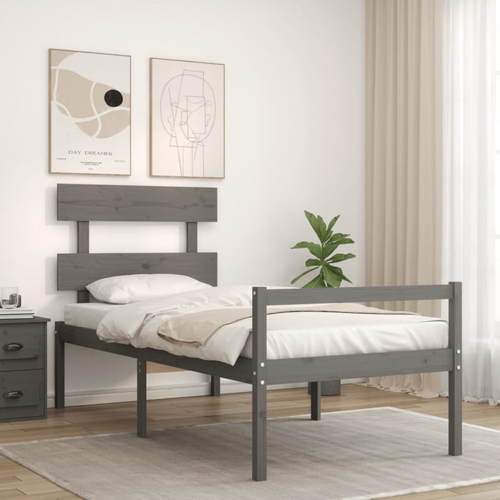 Cadru de pat senior cu tăblie, 90x200 cm, gri, lemn masiv WALTI