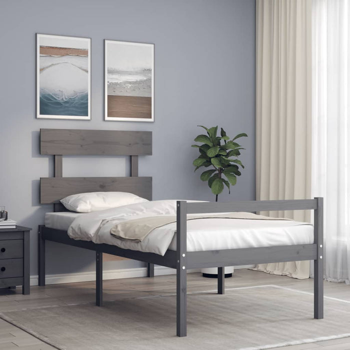 Cadru de pat senior cu tăblie, 90x200 cm, gri, lemn masiv WALTI