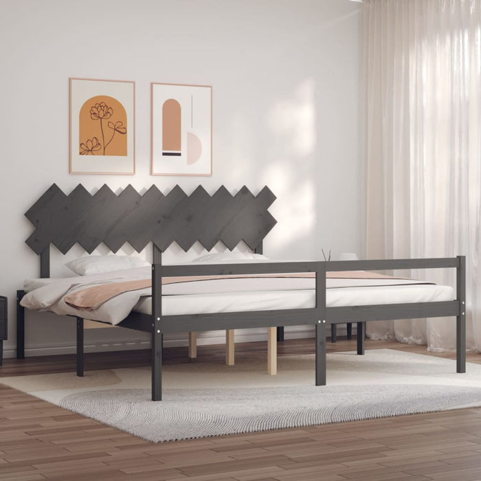Cadru de pat senior cu tăblie, 200x200 cm, gri, lemn masiv WALTI