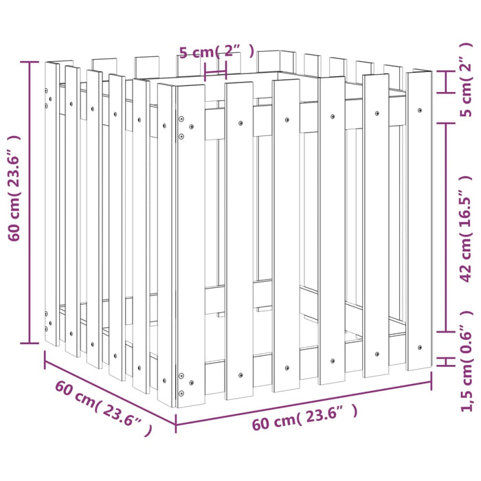 Jardinieră grădină design gard, 60x60x60 cm, lemn masiv de pin - WALTI WALTI