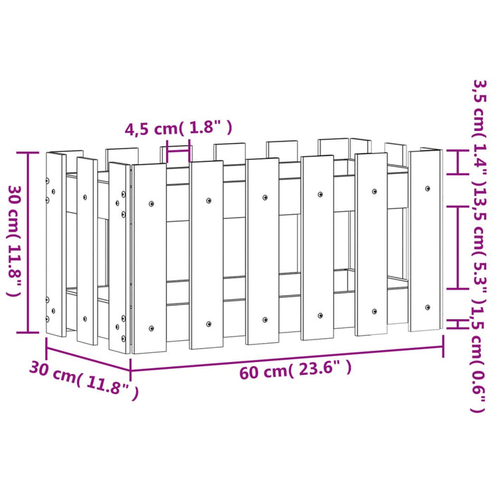 Jardinieră grădină design gard, 60x30x30 cm, lemn masiv de pin - WALTI WALTI