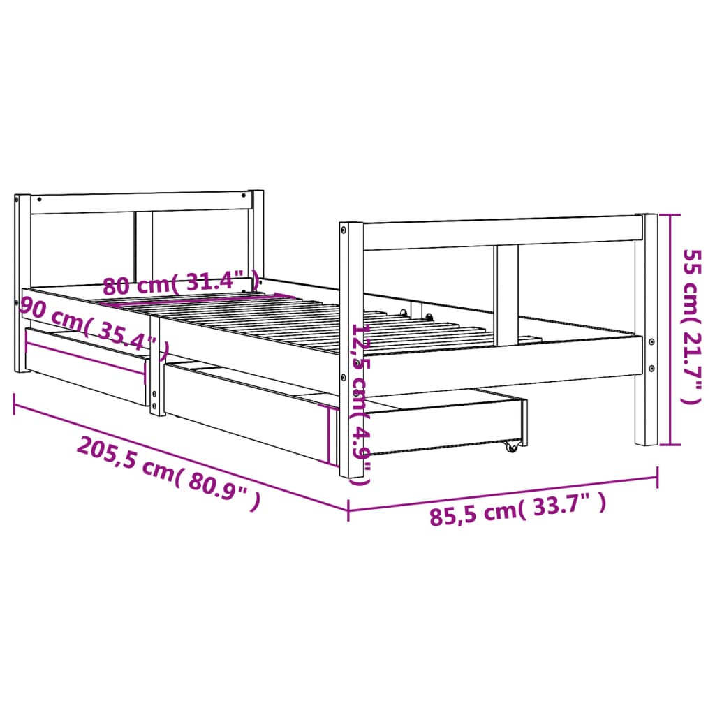 Cadru pat copii cu sertare, 80x200 cm, lemn masiv de pin - WALTI