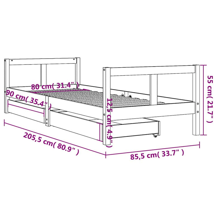 Cadru pat copii cu sertare, alb, 80x200 cm, lemn masiv de pin - WALTI WALTI