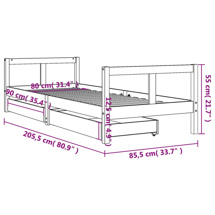 Cadru pat copii cu sertare, negru, 80x200 cm, lemn masiv de pin - WALTI WALTI
