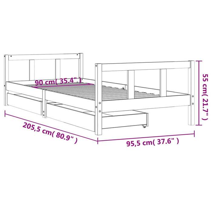 Cadru de pat cu sertare de copii, 90x200 cm, lemn masiv pin - WALTI WALTI